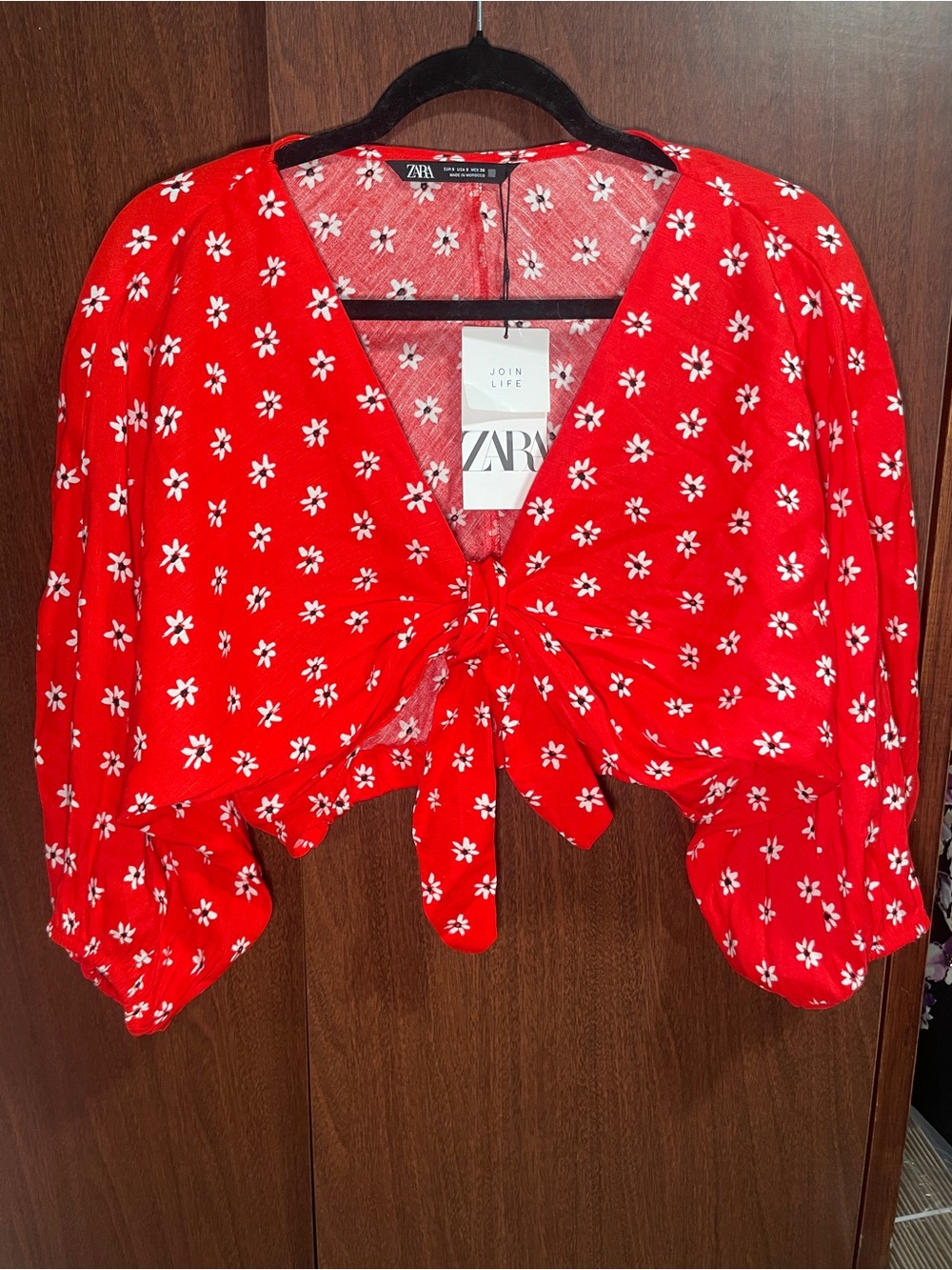Zara Red Daisy Tie-Front Crop Top